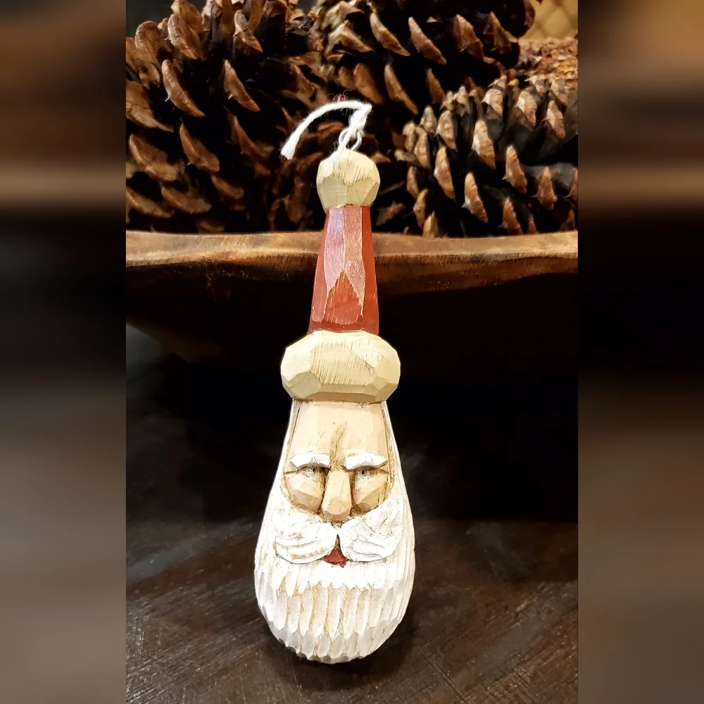 Vtg R.J. Zeit Signed Handcarved Wood Primitive Folk Art Santa Ornament 1996